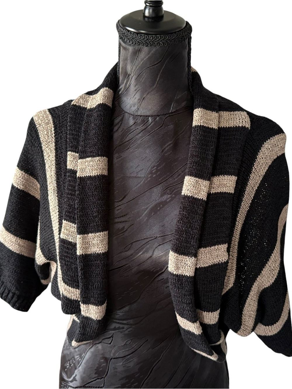 WD.NY Black Tan Striped Cropped Bolero Shrug Cardigan Size L